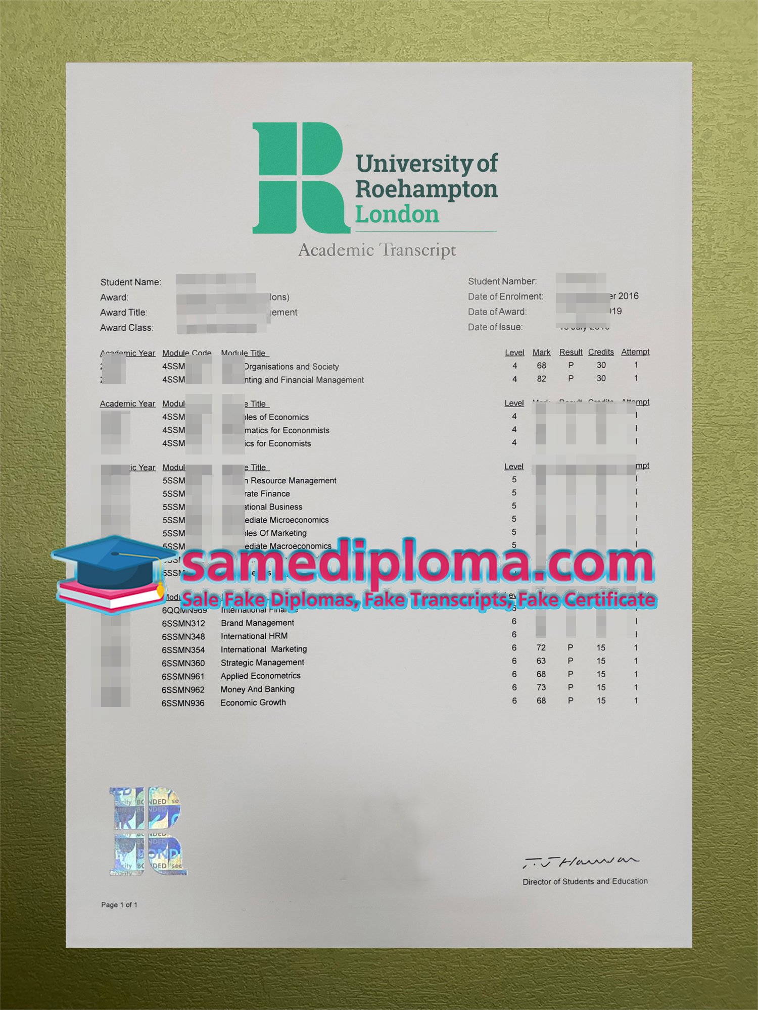 Roehampton university Transcript 2015
