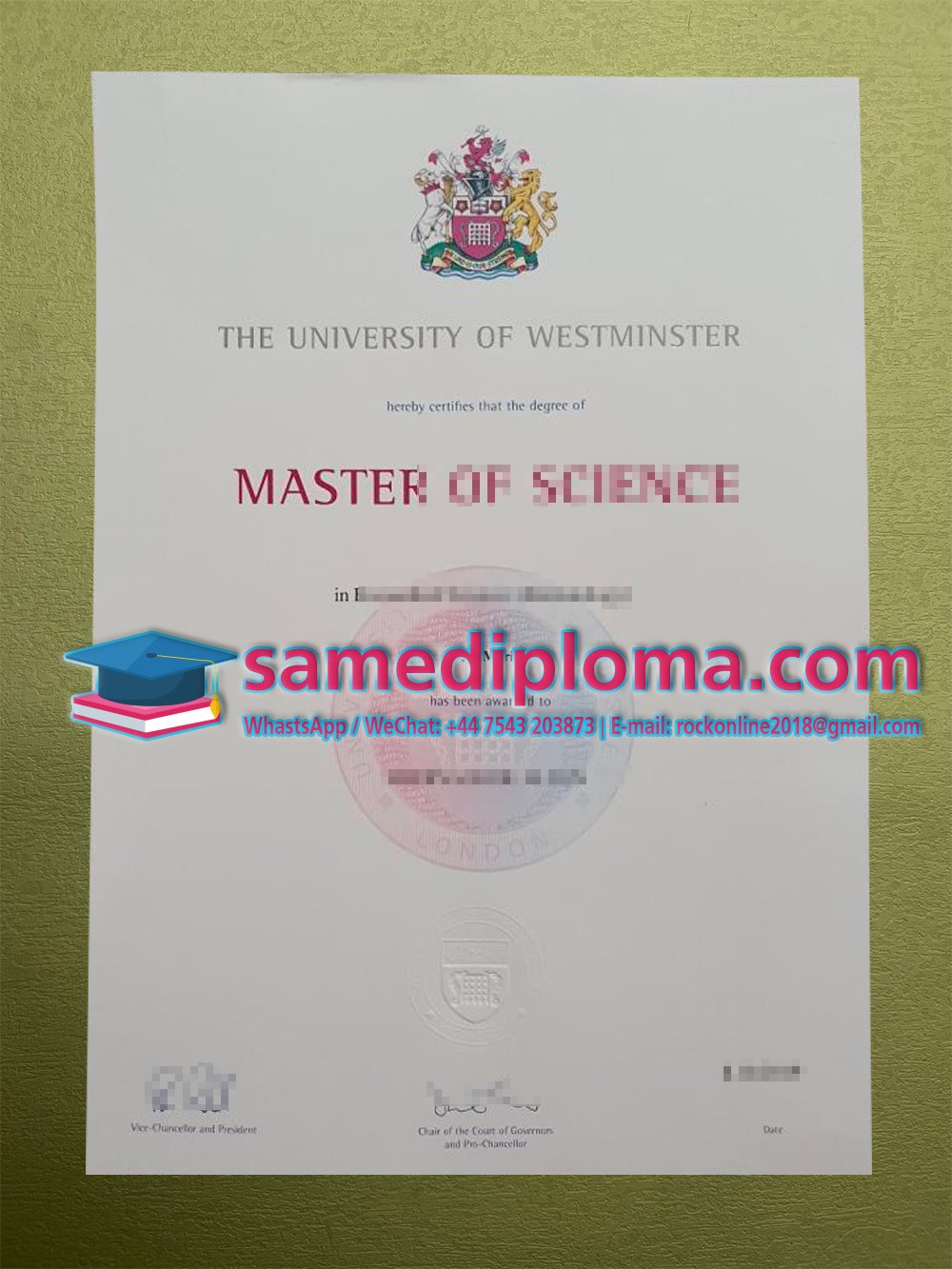 University of Westminster Degree certificate from London